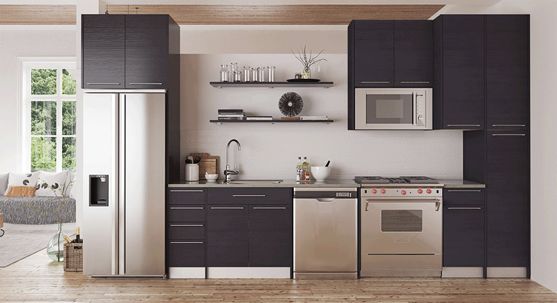 Tủ bếp xám phủ Melamine làm nền nổi bật cho những thiết bị thông minh mạ bạc