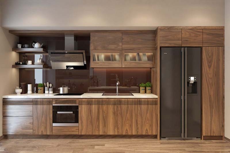 Các thiết bị thông minh được tích hợp vào tủ bếp một cách khéo léo để không làm mất đi vẻ đẹp sang trọng của gỗ
