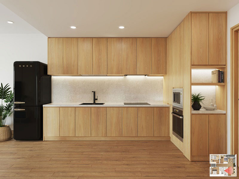 Tủ bếp nhựa chữ L được phủ một lớp Laminate giả gỗ vô cùng chân thực, tạo nên không gian bếp ấm cúng