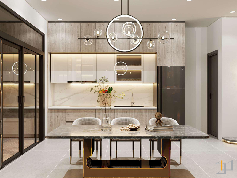 Phòng bếp biệt thự phố ấn tượng với đèn trần thiết kế độc đáo