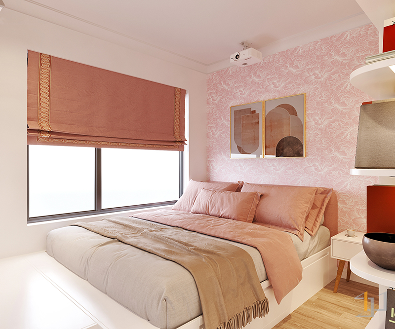 Phòng ngủ đơn giản màu hồng trắng xinh xắn