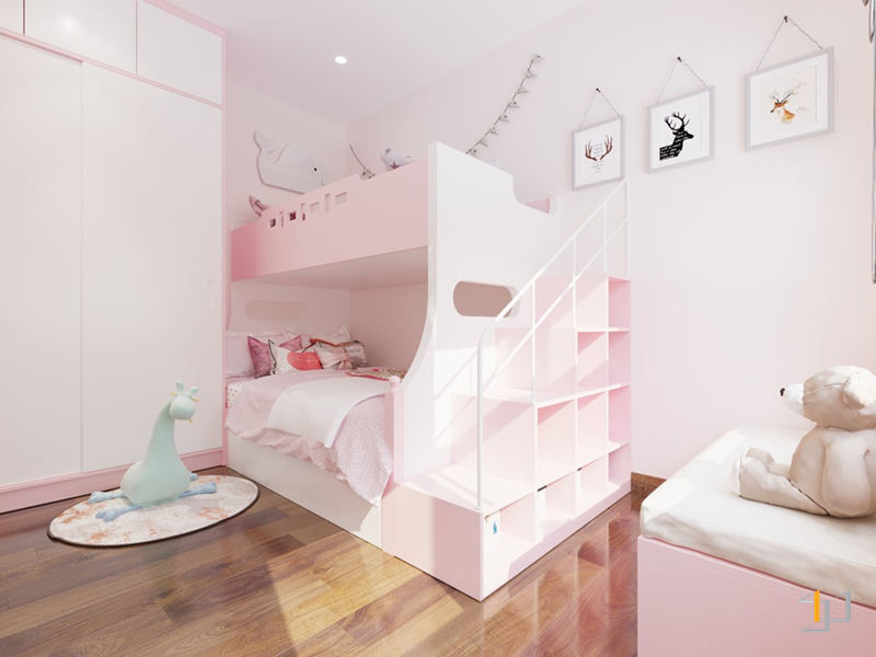 Phòng ngủ giường tầng màu hồng cho bé gái dịu dàng