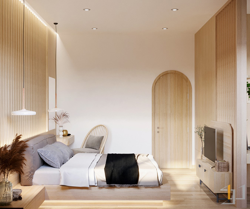 Phòng ngủ sử dụng đèn led trắng giúp làm tăng thêm vẻ đẹp của nội thất vân gỗ