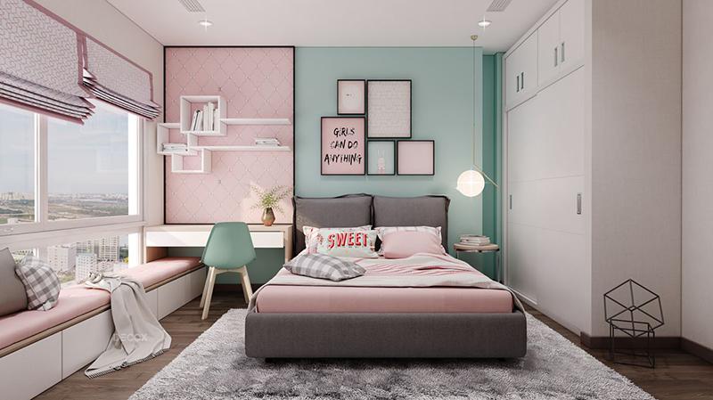 Phòng ngủ bé gái tong màu hồng-xanh