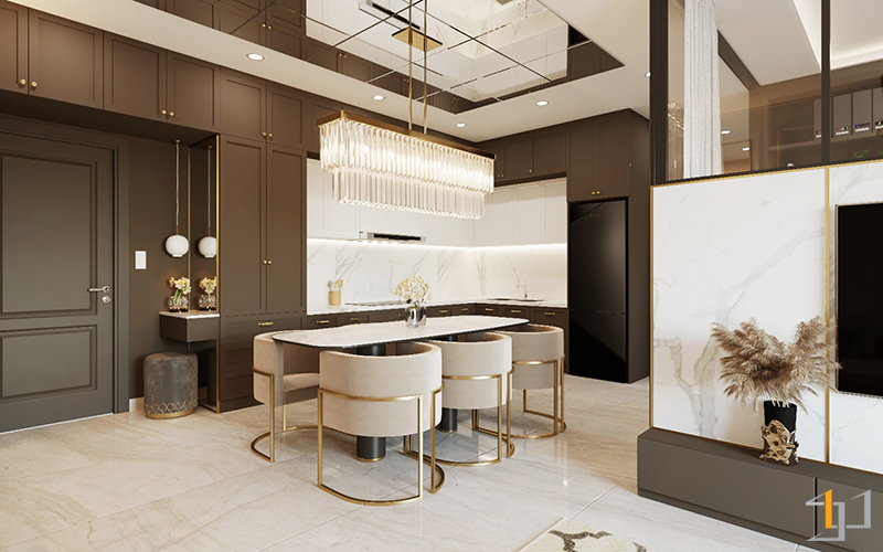 Phòng bếp thiết kế tông màu nâu tạo sự liên kết với phòng khách