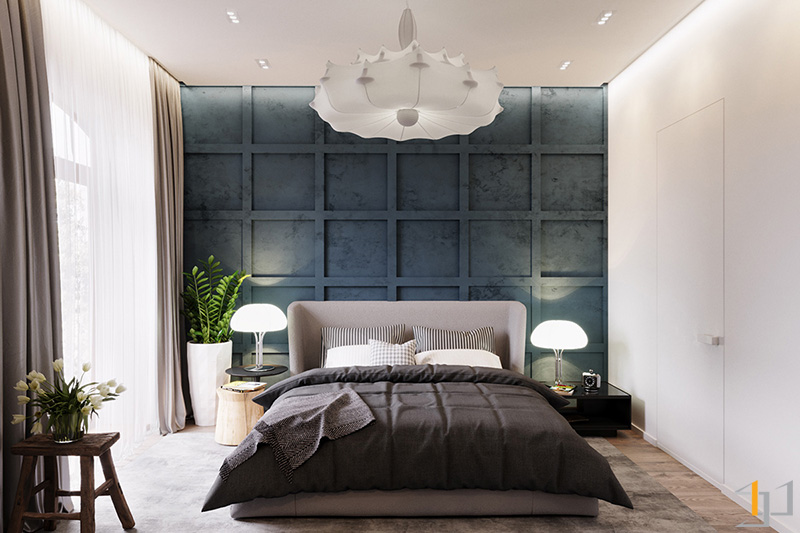 Phòng ngủ thiết kế độc đáo với mảng tường xanh